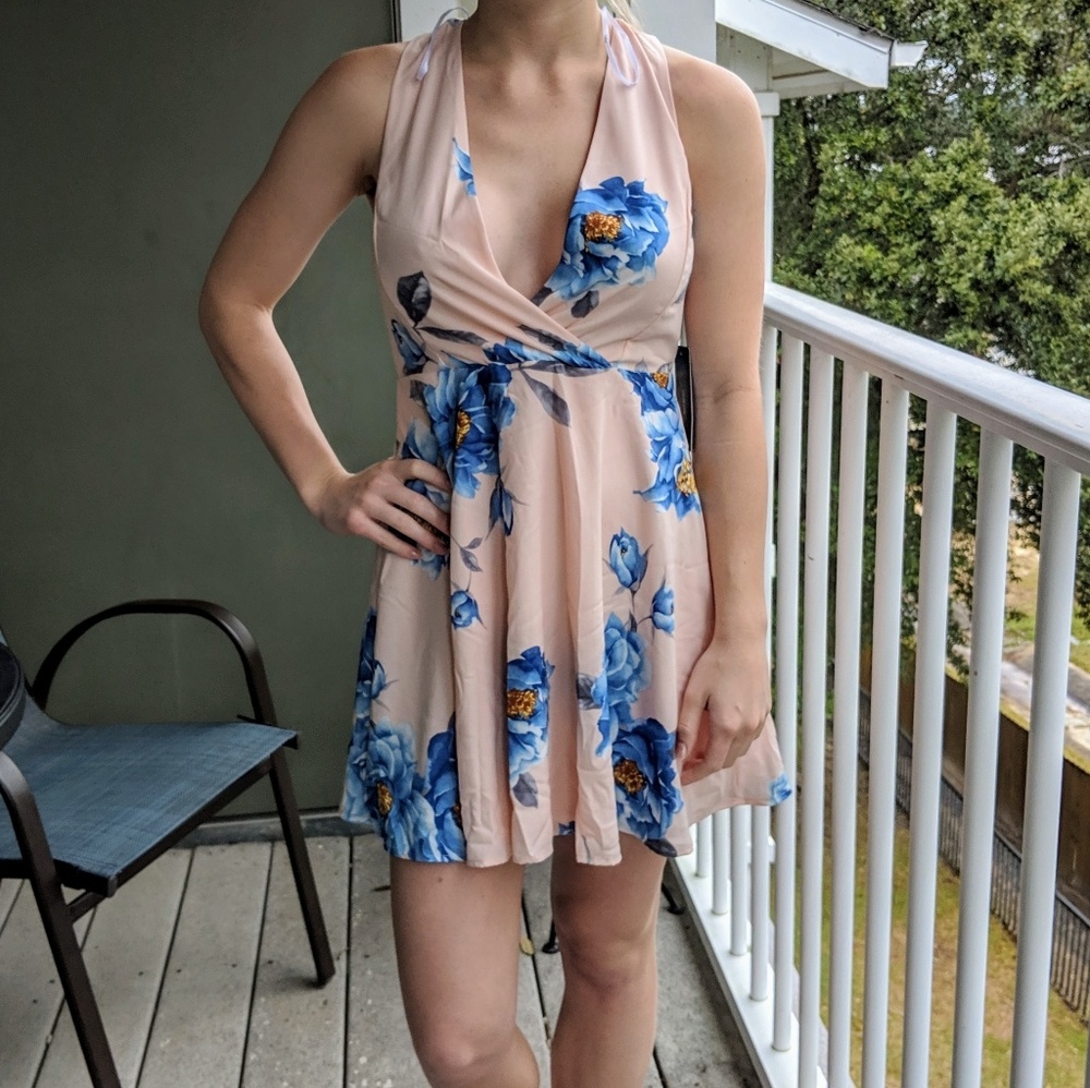 Lulus Blush Pink Floral Print Lace-up Skater Dress